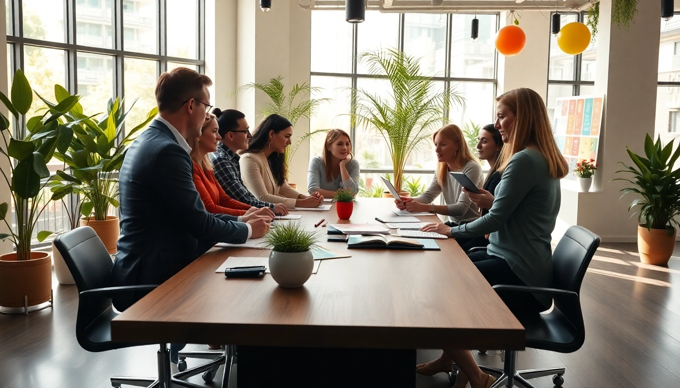 Team engaged in event management discussions in a bright, modern venue with stylish decor.