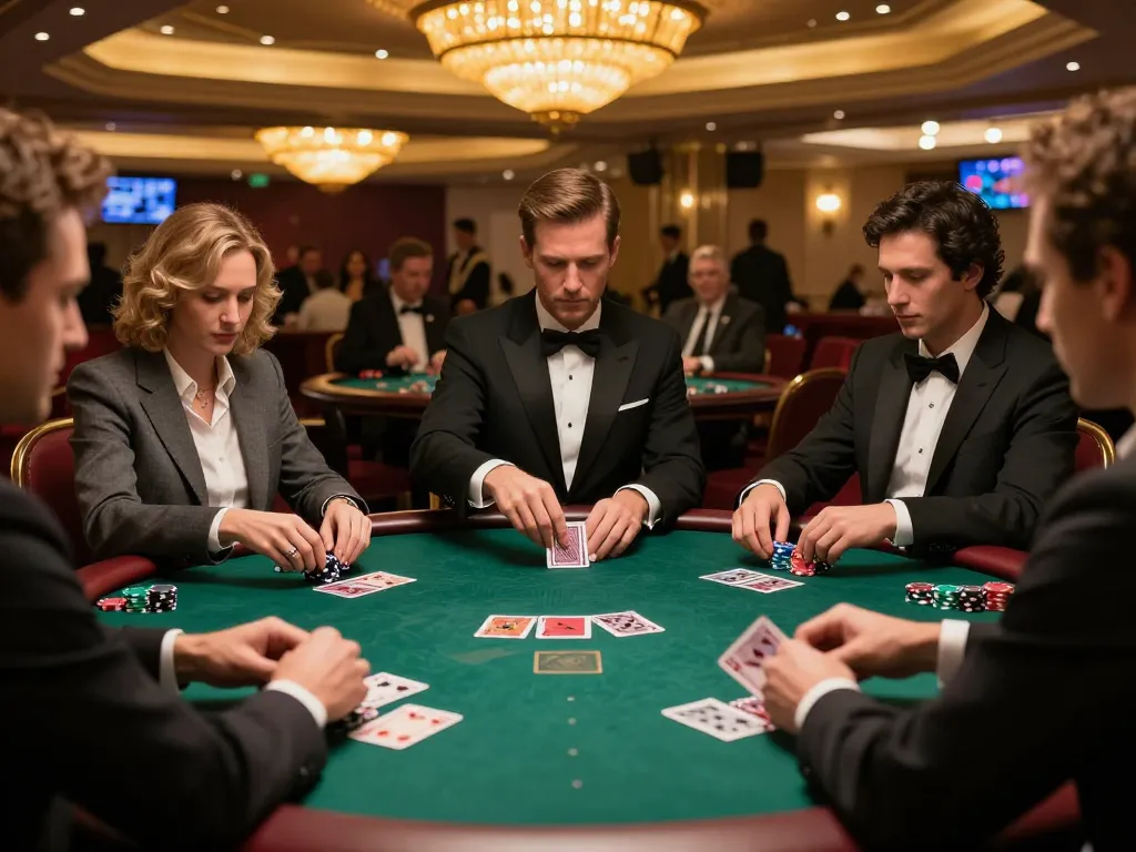 Intense poker game at a glamorous casino, showcasing players focused on strategy at sites not on gamstop.