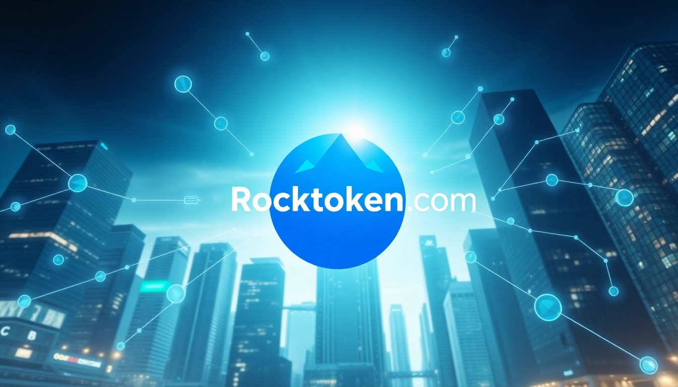 Engaging graphic of Rocktoken.com logo surrounded by blockchain symbols against a cityscape.