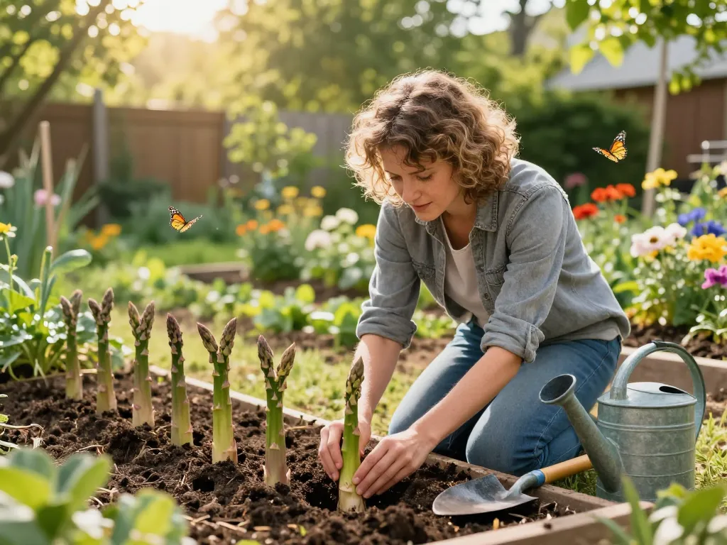 Gardener planting asparagus plants in a sunny garden, showcasing rich soil and vibrant greenery.