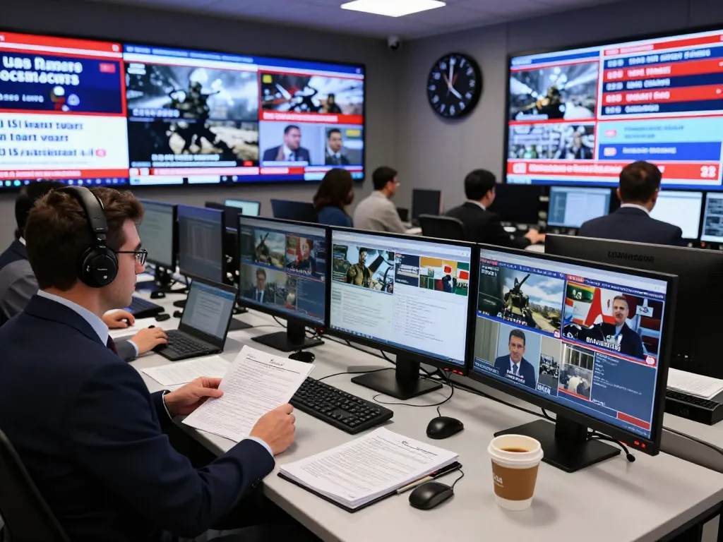 Newsroom reporting on US Iran war updates with journalists collaborating and multiple screens displaying live news.