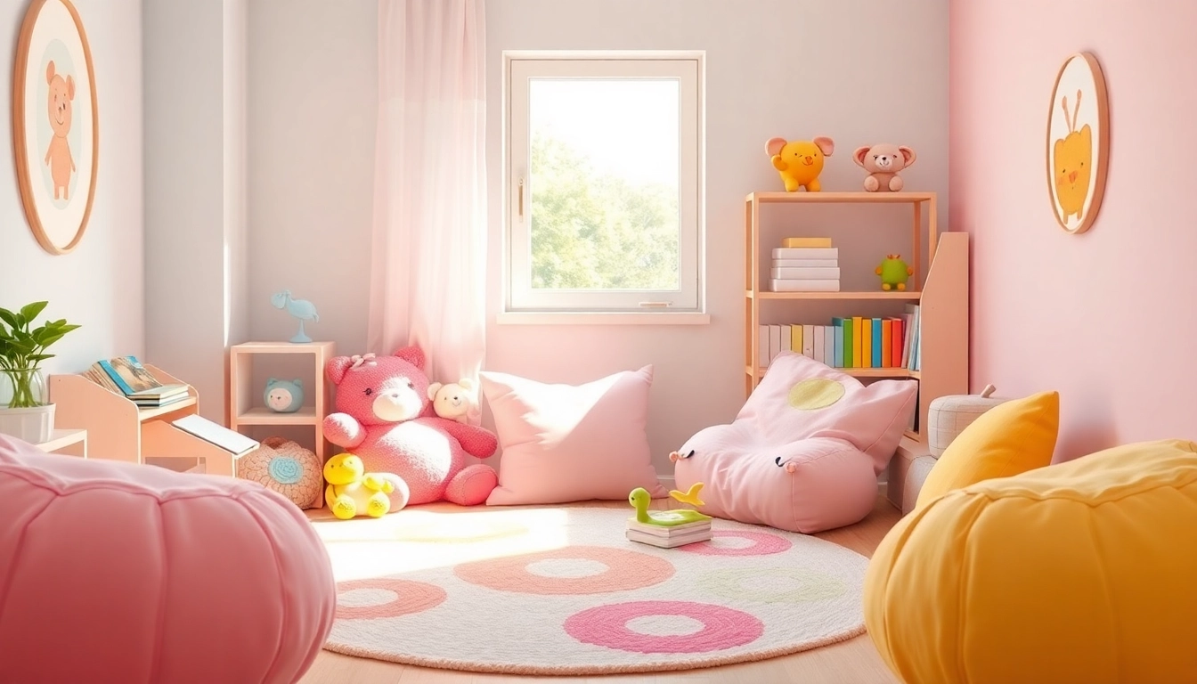 Colorful MMOO children's space with cozy reading nook and plush toys.