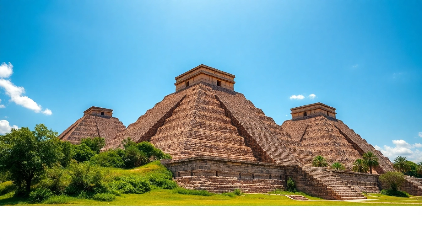 Pyramids showcasing the majestic piraminds under clear skies surrounded by greenery.