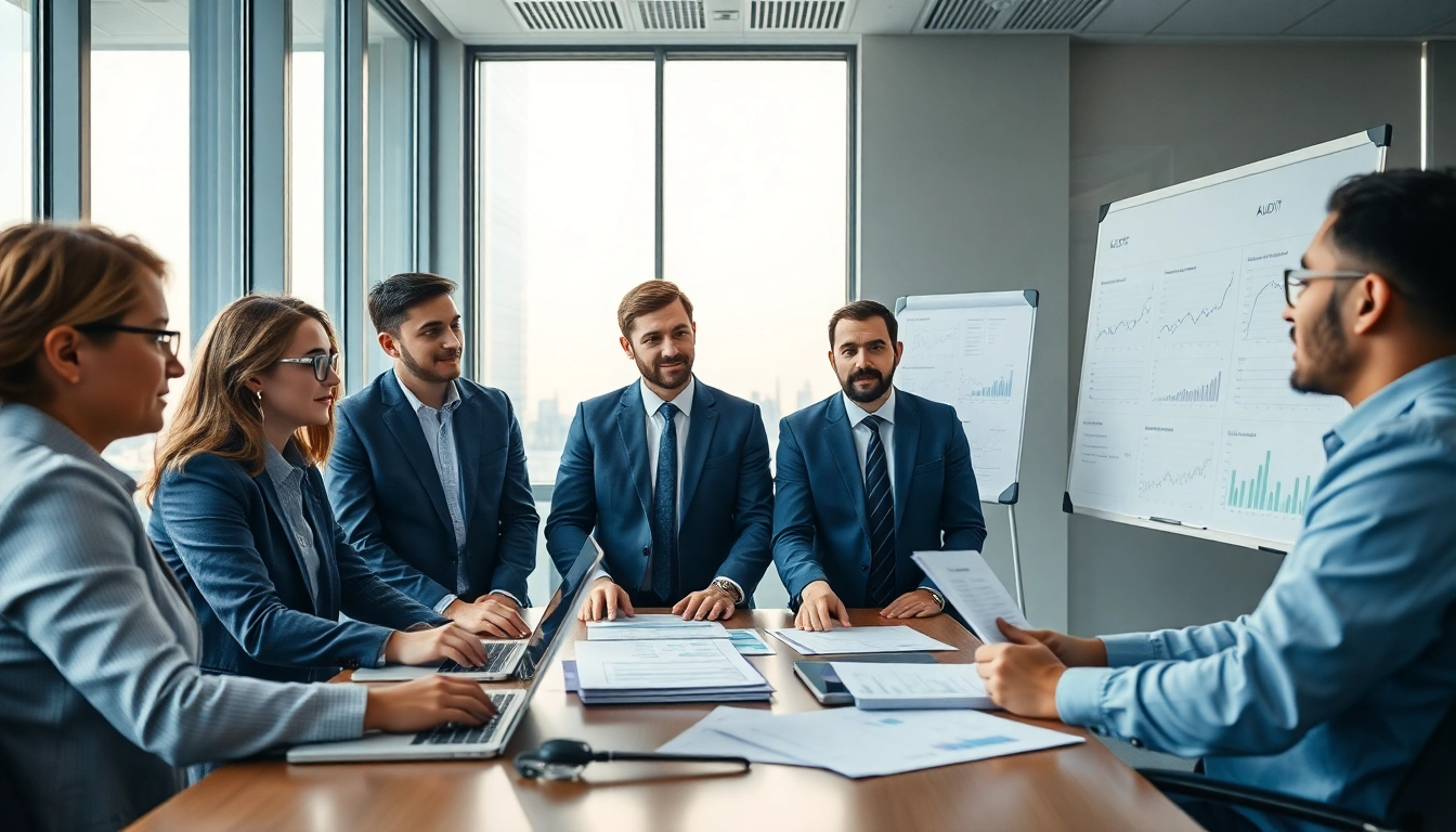 Audit Services in UAE: A professional team of auditors collaborating in a modern office setting.