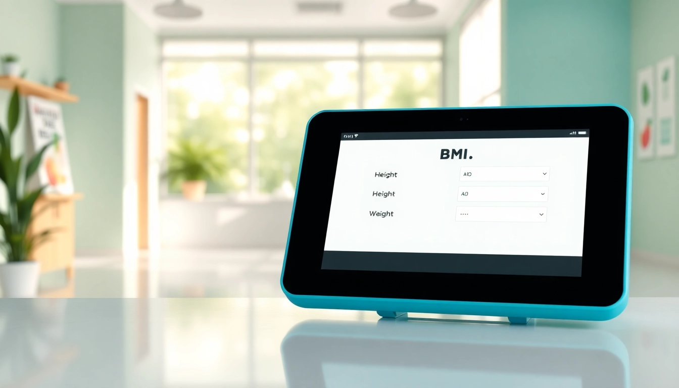 Calculate your bmi calculator inputs on an interactive interface in a bright health setting.