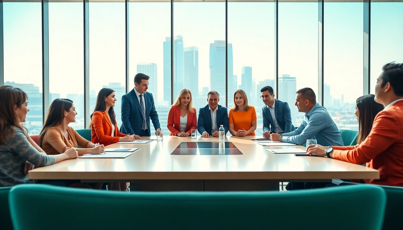 Team collaborating on a business strategy in a modern office with bright atmosphere.