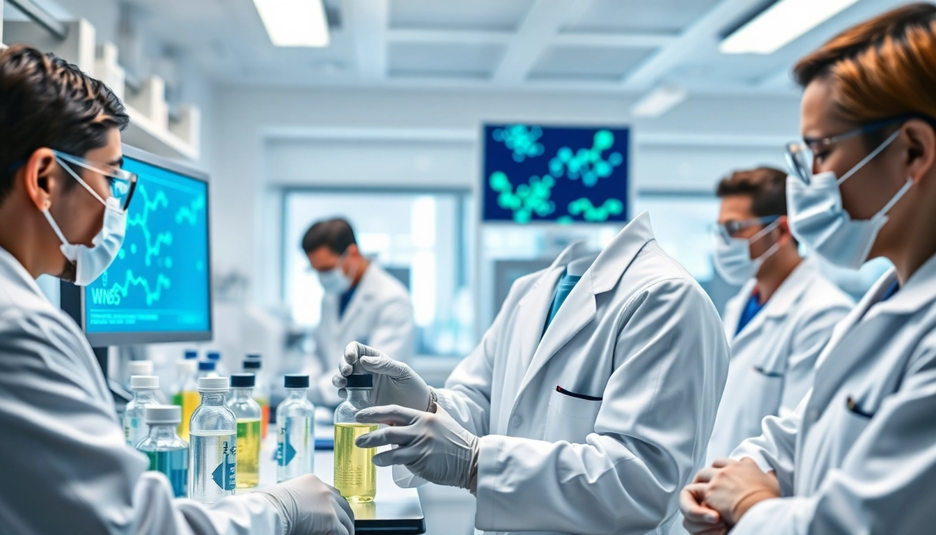 WIN55 cannabis research laboratory with scientists analyzing cannabinoid compounds.