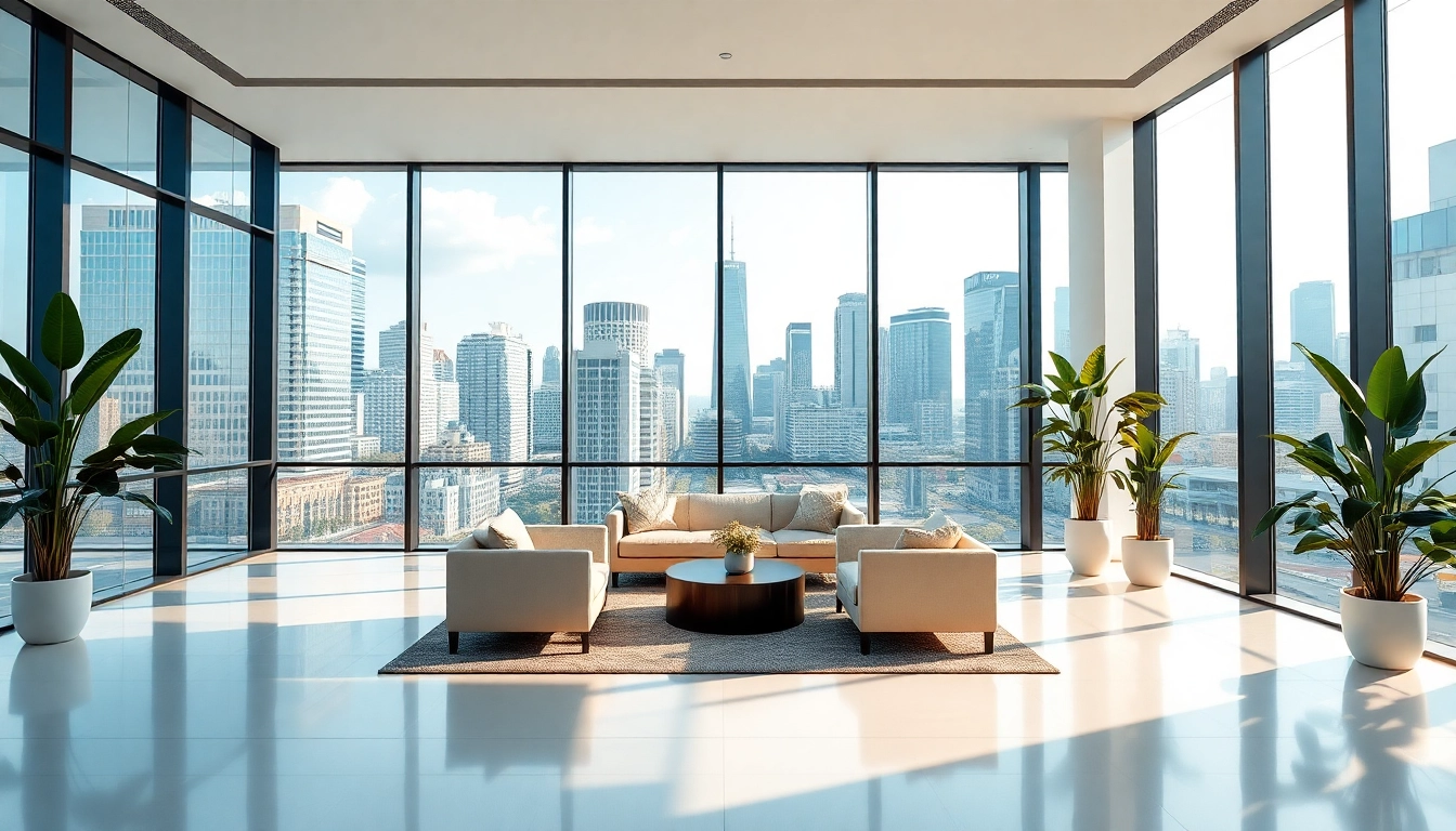 Showcasing residence tirana options in a modern real estate office with a vibrant city view.