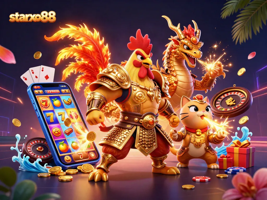 Win big with starxo88 as a cartoon rooster warrior and dragon hatchling surround colorful slot reels.