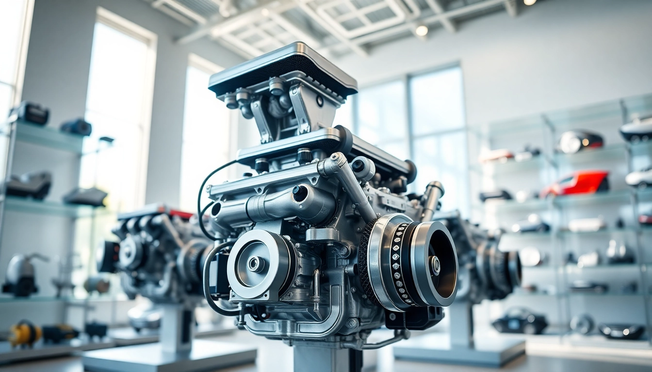 Showcase of Approved Engines highlighting intricate details in a modern showroom setting.