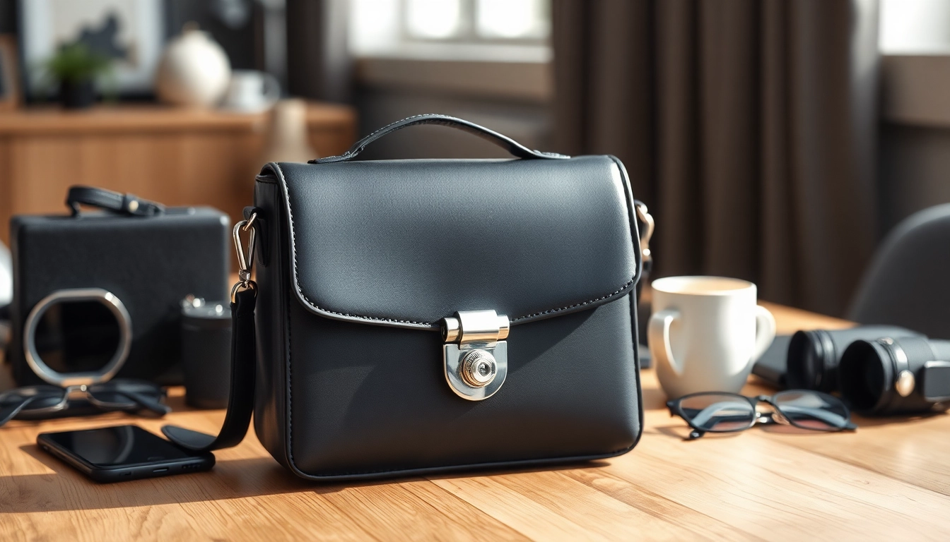 Handy Tasche abschließbar mit modernem Design und sicherem Verschluss auf einem Tisch.