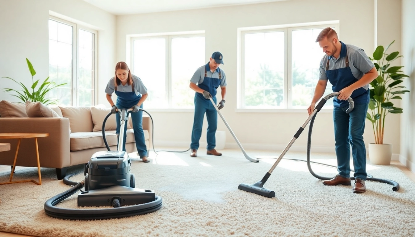 Carpet cleaning Dubai service in action, showing skilled technicians in a bright living room.