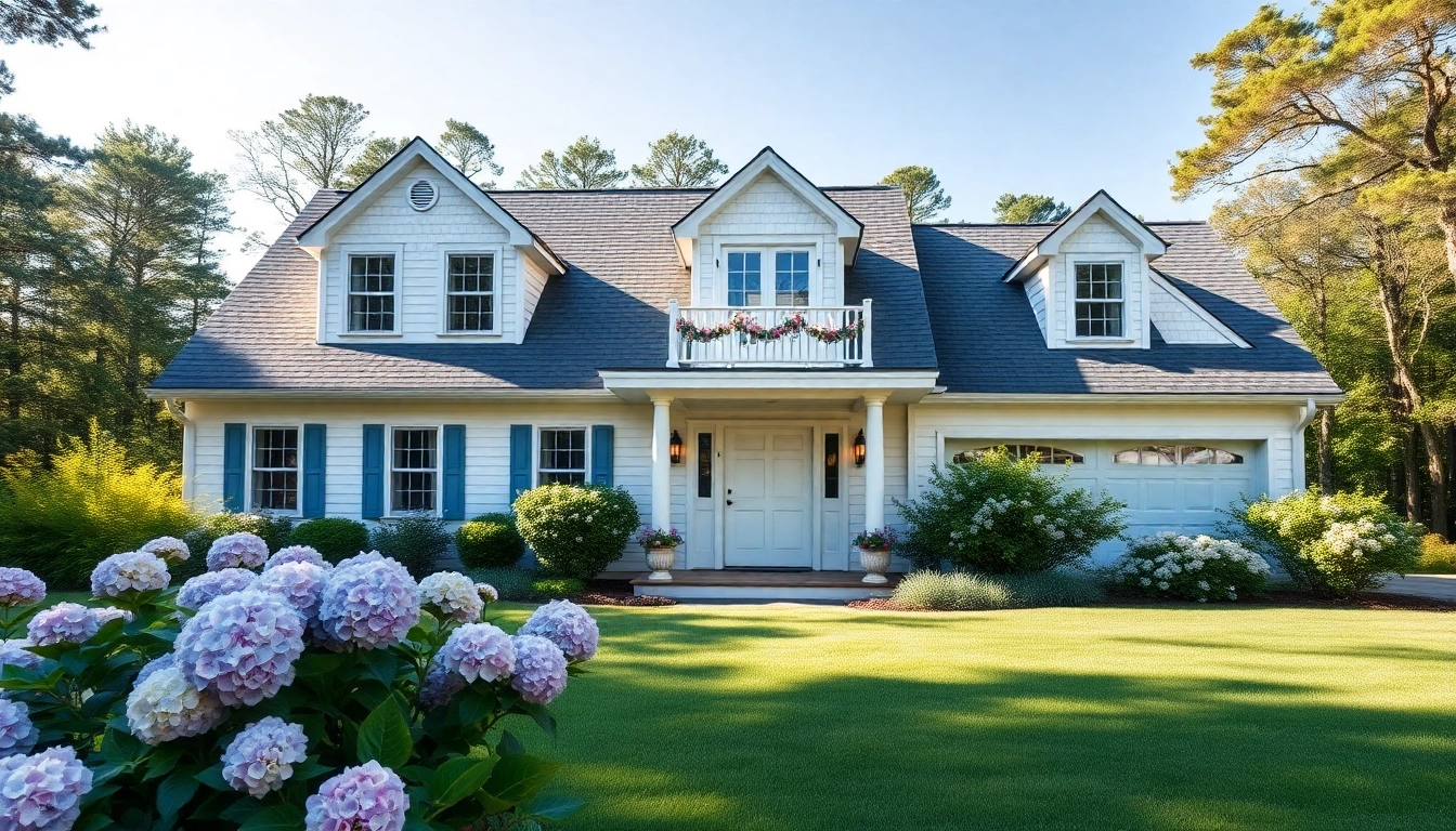 Beautiful Cape Cod home with an attached garage surrounded by lush greenery.