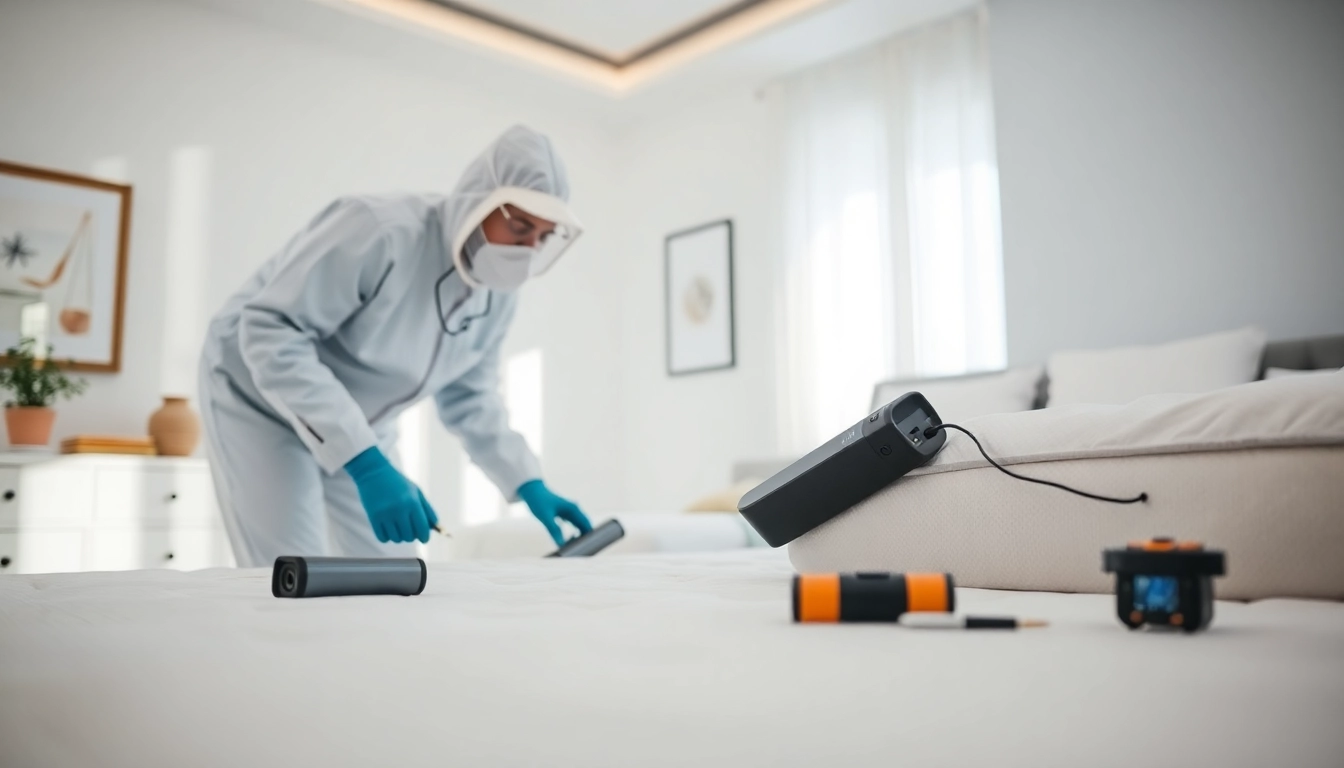 bed bug exterminator working in a clean, modern bedroom setting with advanced inspection tools