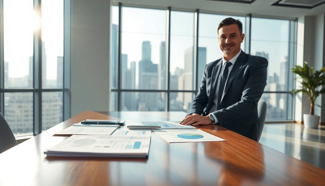 Showcasing a professional setting for business for sale opportunities with documents and skyline view.