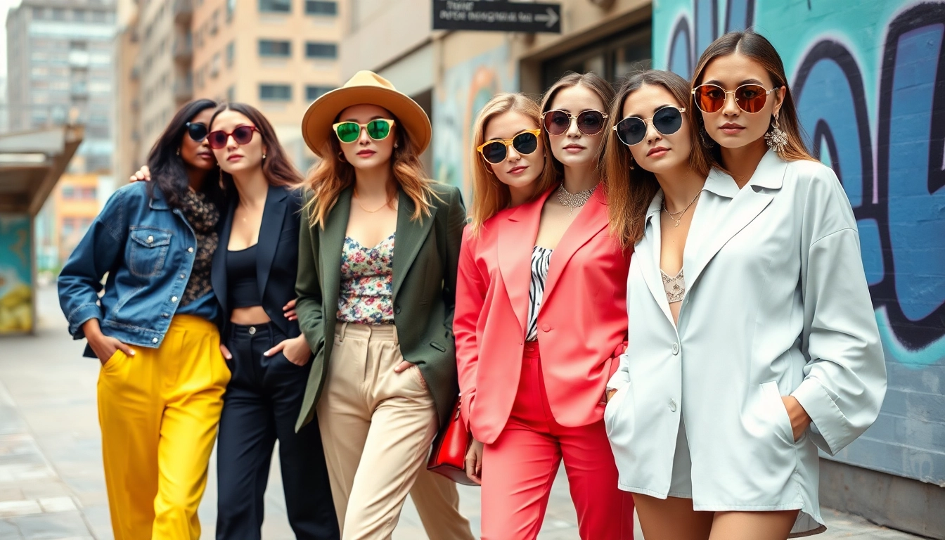Women fashion models displaying diverse styles in an urban setting with vibrant colors.