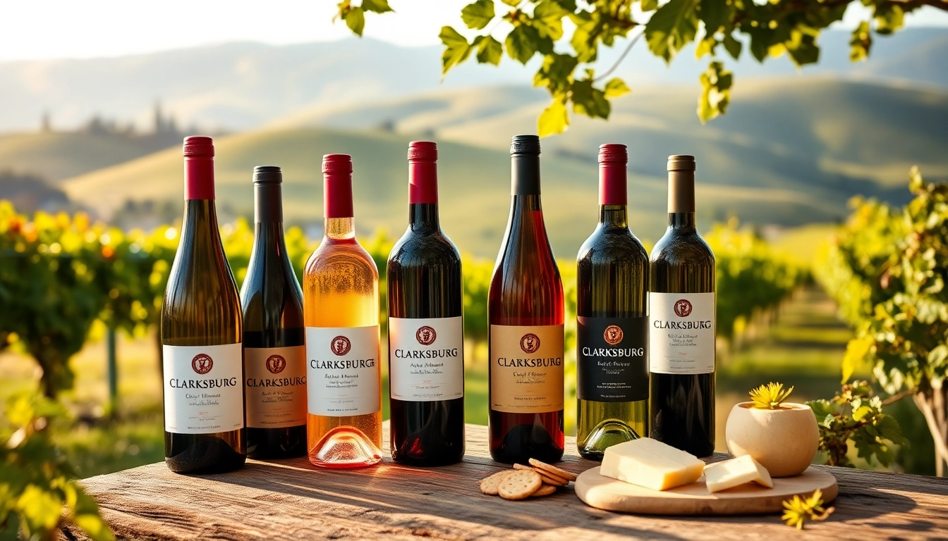 Showcasing a selection of Clarksburg wines with vibrant grapevines in a scenic vineyard setting.