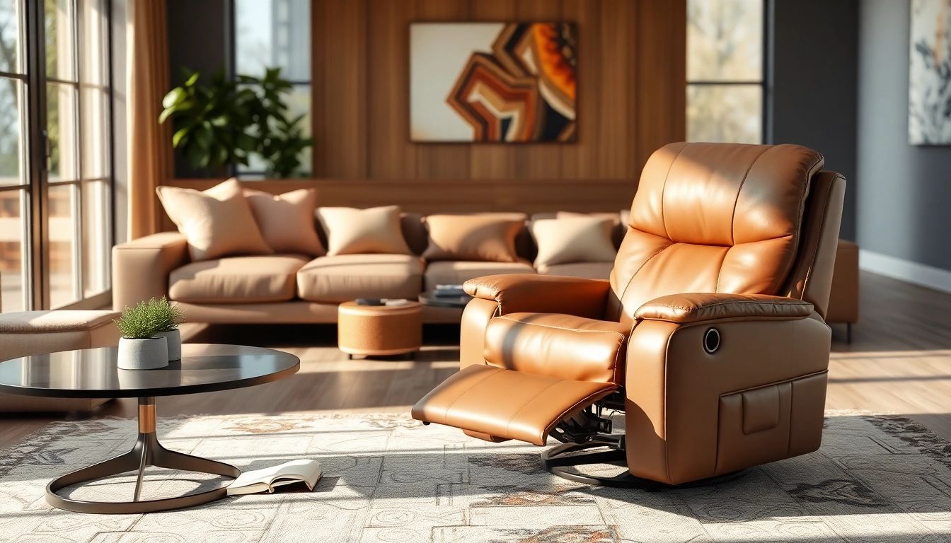 Relax in a stylish leather lift recliner within a cozy modern living room setting.