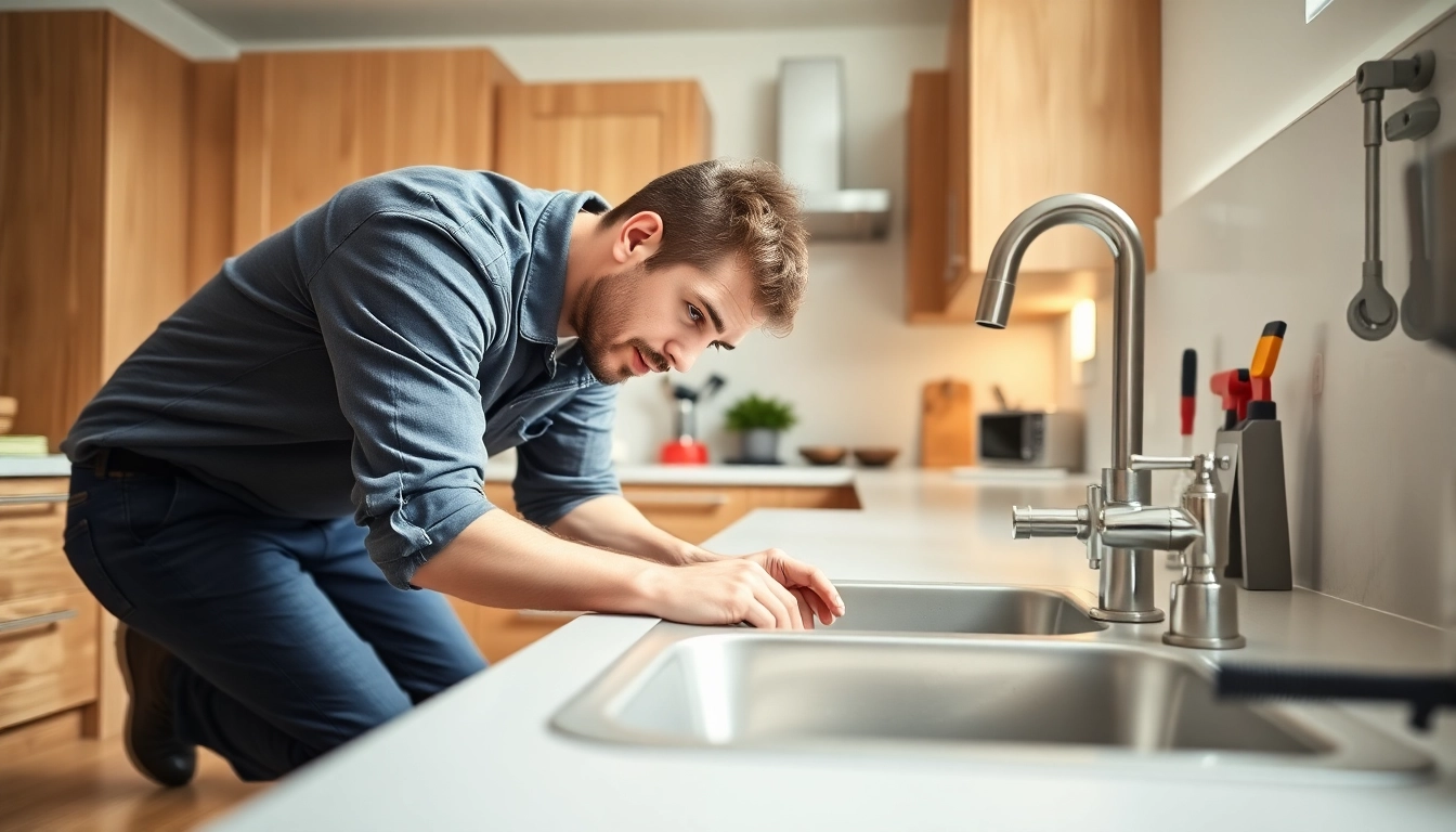 Skilled plumbers bristol fixing a residential sink in a contemporary kitchen setting.