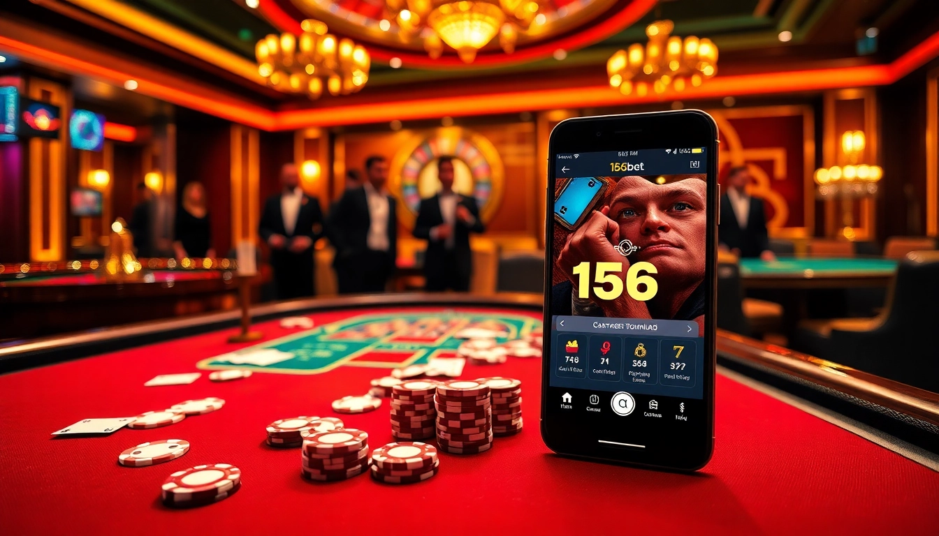 Experience the thrill of casino gaming with 136bet Download on a smartphone amidst glowing tables and chips.