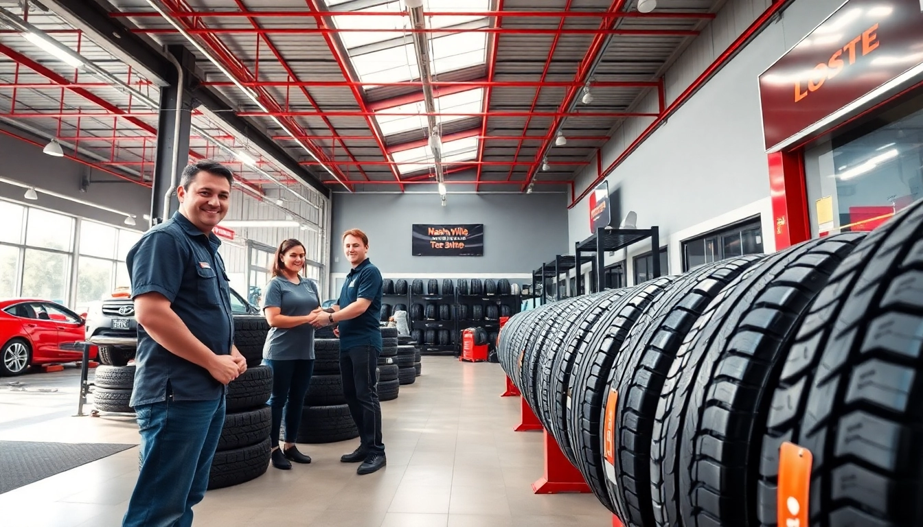 Tire shop Nashville TN showcasing vibrant tires and customers receiving expert service.