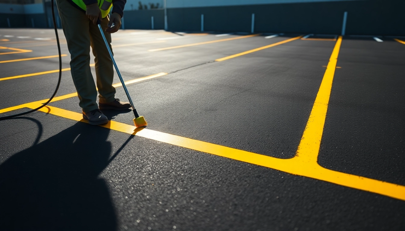 Parking lot line painting near me in action with a worker painting bright lines on asphalt.