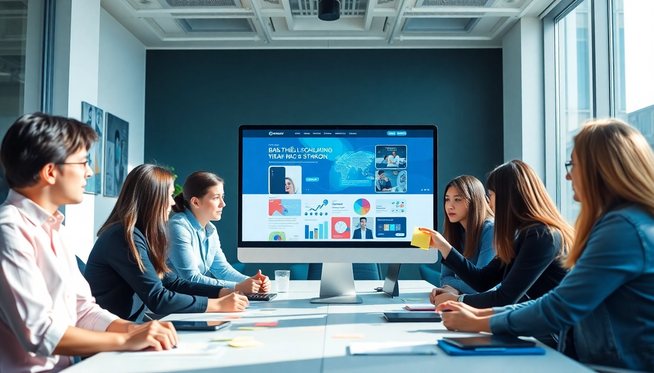 Professional team collaborating on website design, showcasing 'Thiết kế website' innovation.