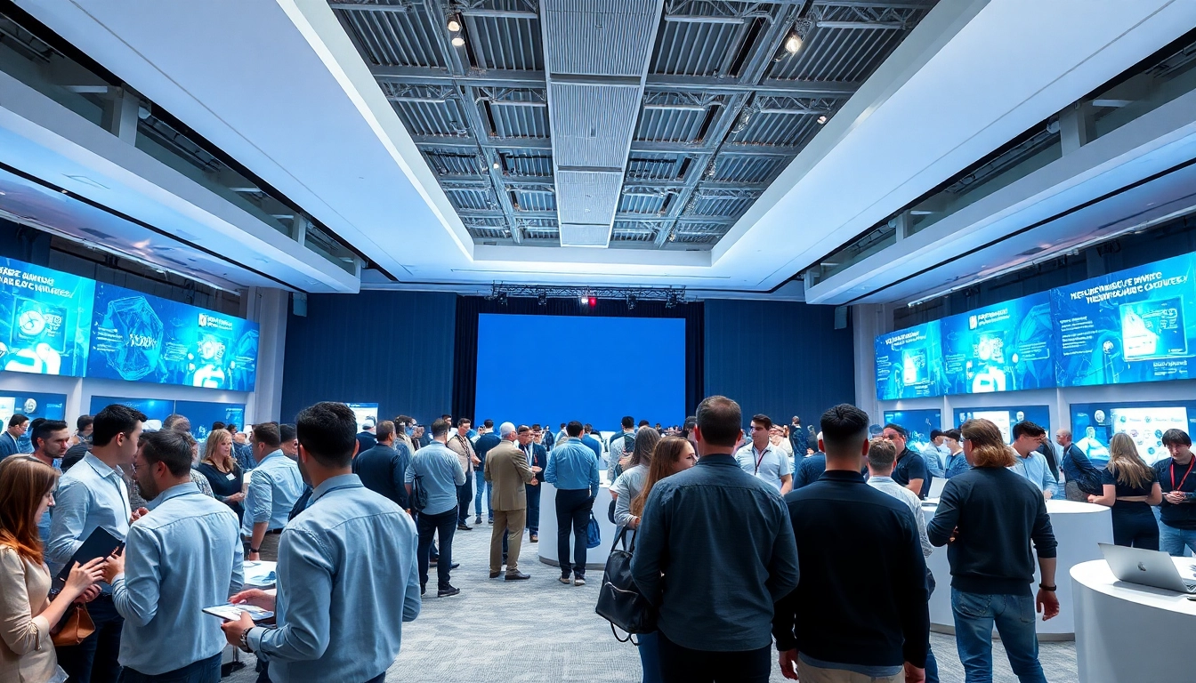 Participants engaging at a technology conference USA with modern displays and bright atmosphere.