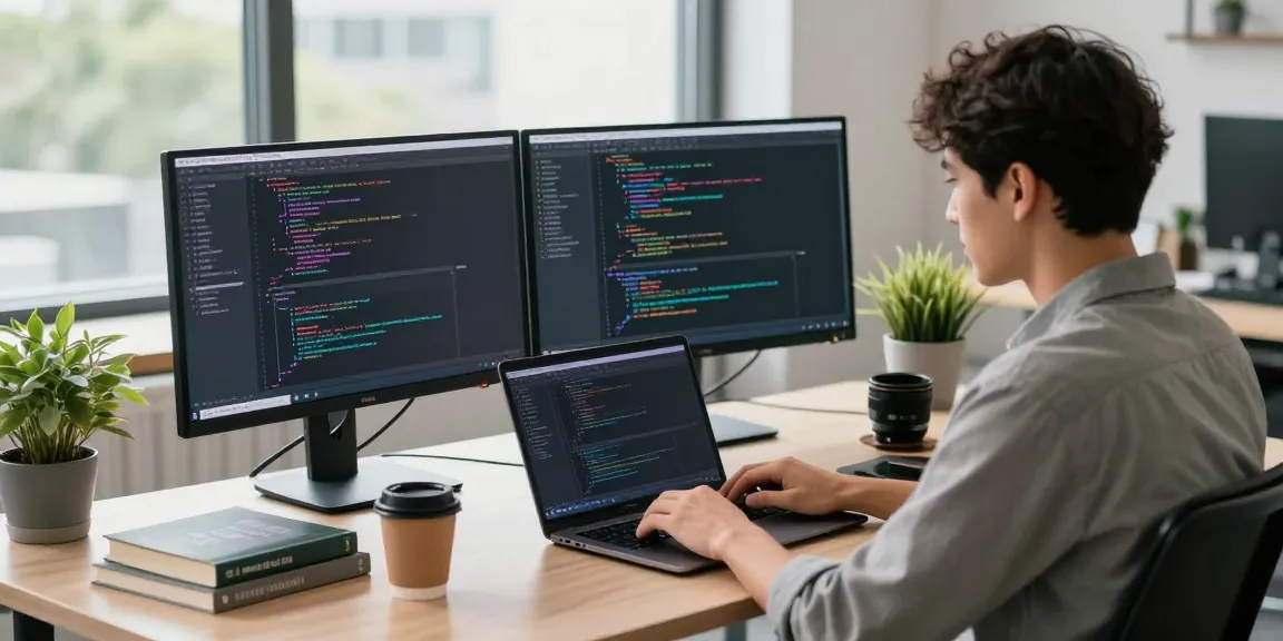Workspace with young professional coding, featuring tech tools and natural light, highlighting 纸飞机中文版官网.