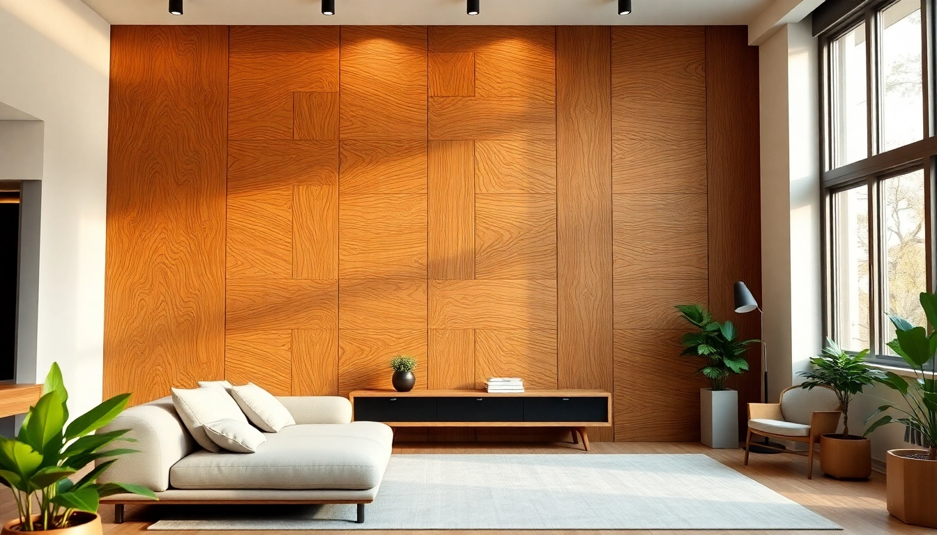 Showcasing wood wall panels in a warm modern living room setting, emphasizing elegance.