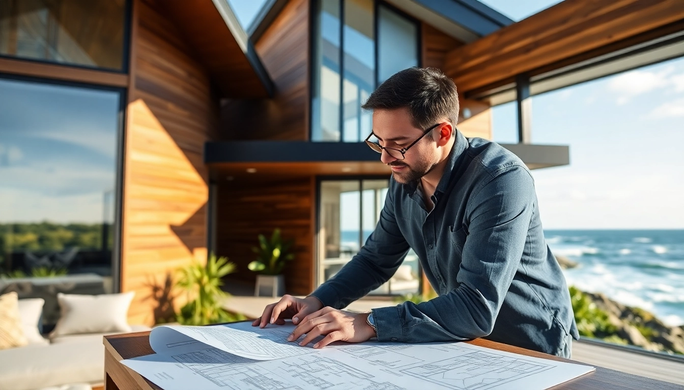 New England residential architect designing a modern home in a coastal setting, emphasizing creativity and professionalism.
