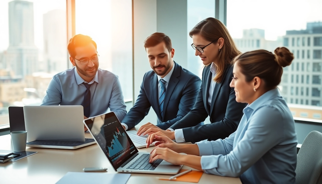 Analyze sway markets trends with finance experts in a modern office.