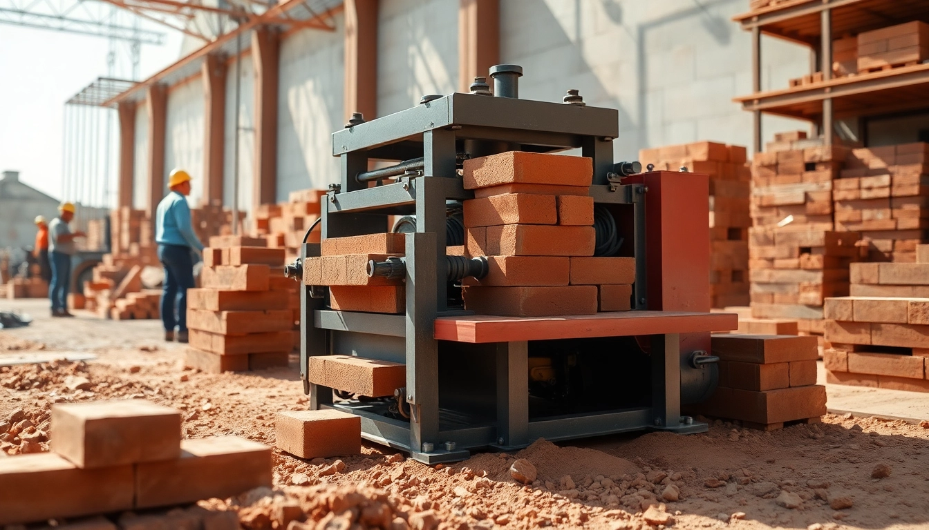A dynamic brick making machine efficiently producing bricks on a construction site.