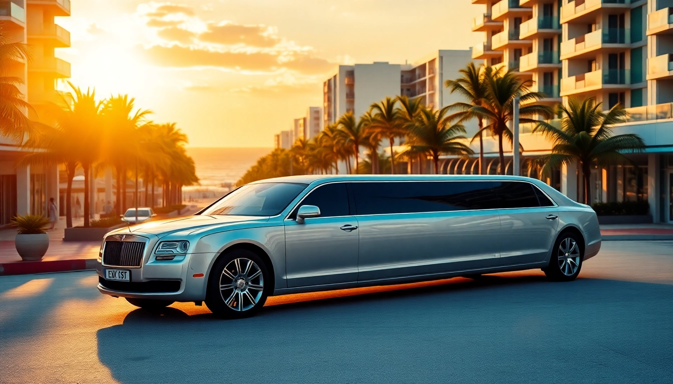 Experience VIP Miami limo service with a sleek luxury vehicle against a vibrant Miami skyline.