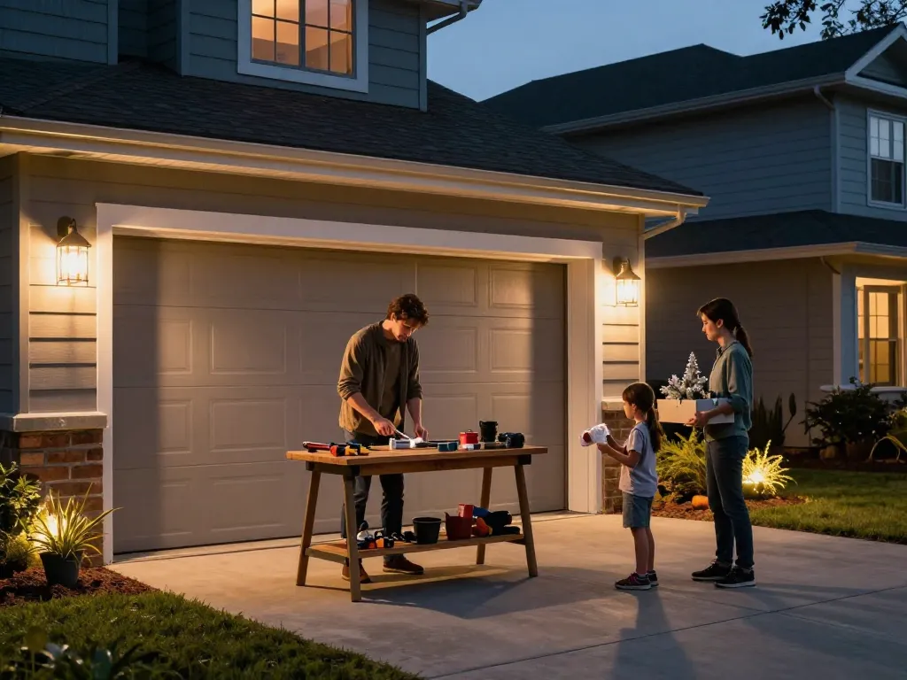 Outdoor garage lights illuminating a cozy garage scene with family arrangements.