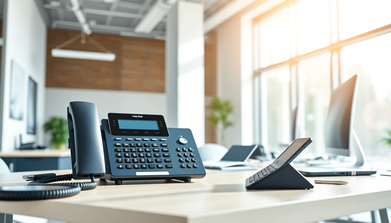 Showcasing business phone systems in a modern office setup, emphasizing sleek design and functionality.