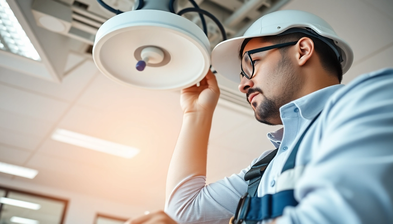 Technician providing lighting service maintenance, ensuring safety and functionality.