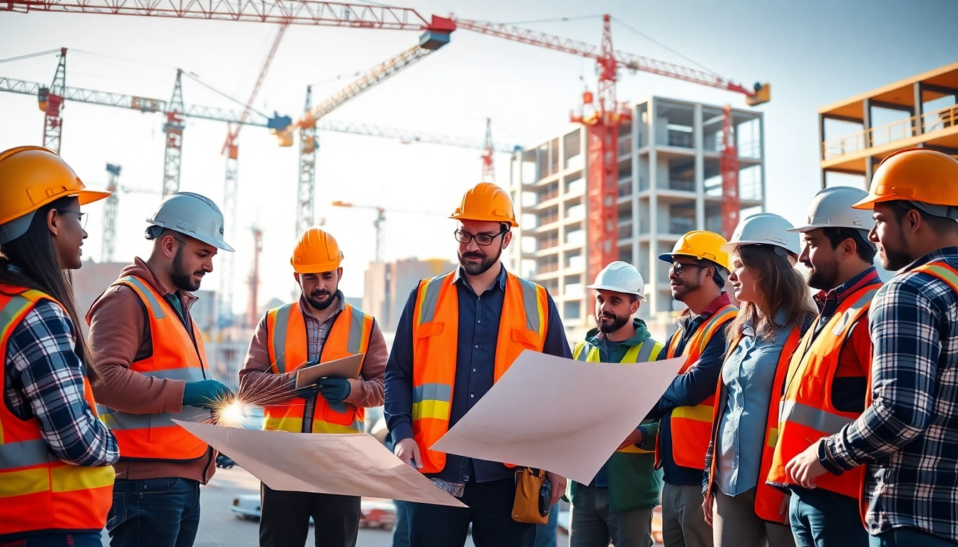 Engaged professionals in various careers in construction at a bustling job site.