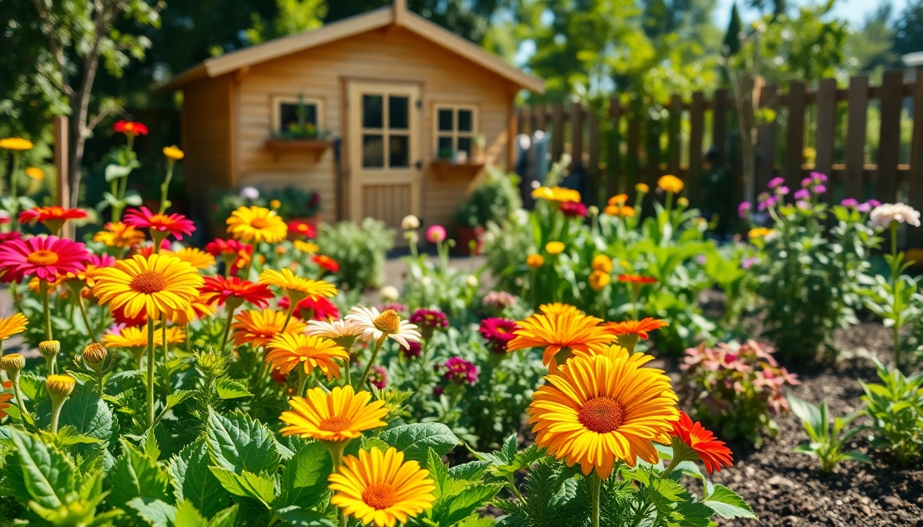 Gardening setup showcasing colorful flowers and vegetables in a lush backyard setting.