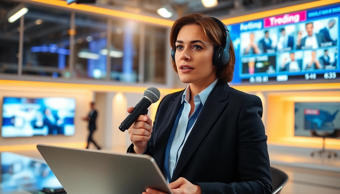 Journalist sharing news stories from a modern newsroom with digital displays.