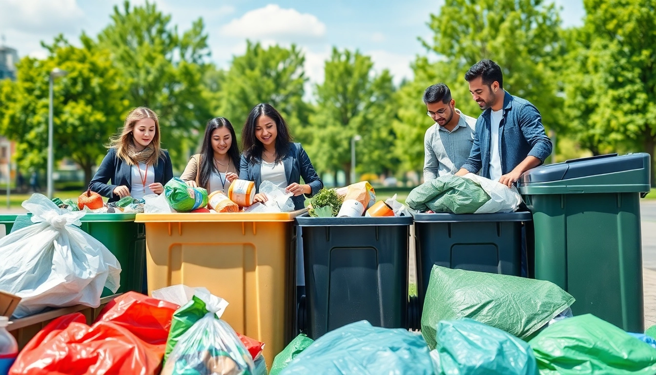 Schedule for cold lake garbage collection displayed with a recycling team sorting waste in an urban park.