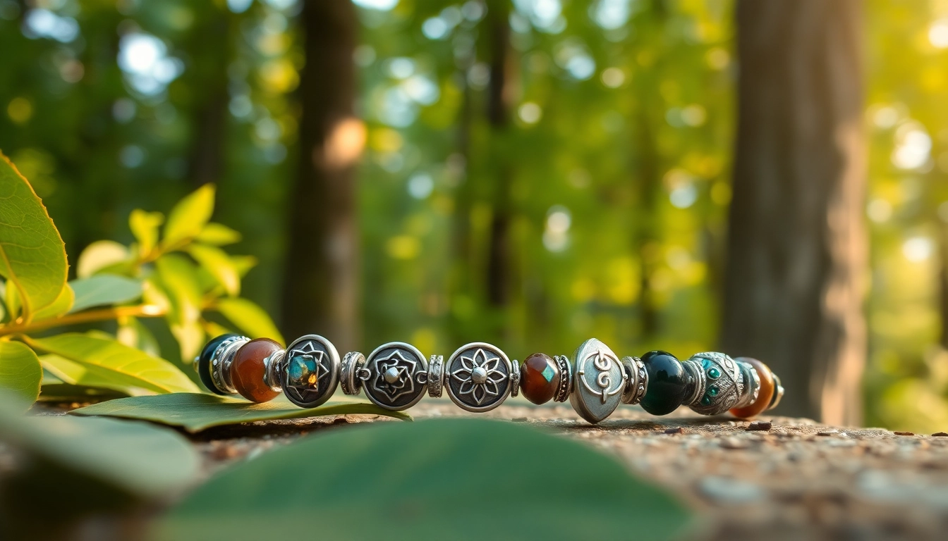 Highlighting spiritual jewelry bracelet with healing gemstones against a serene natural backdrop.