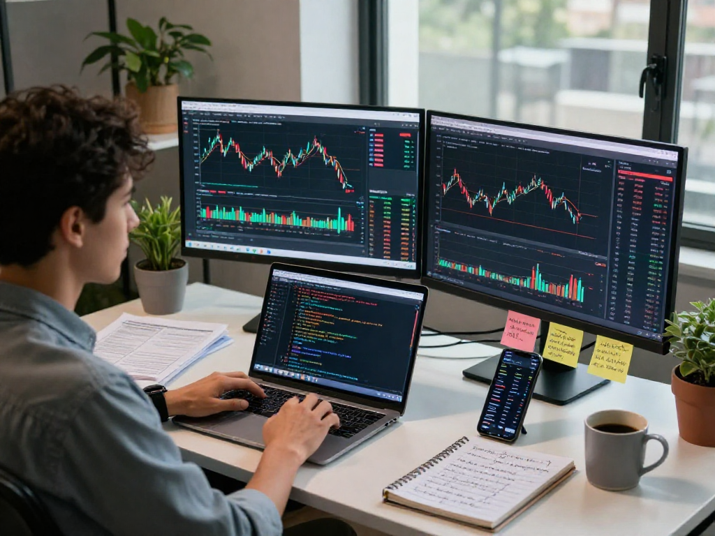 TradingView financial analysis workspace with stock charts and coding elements
