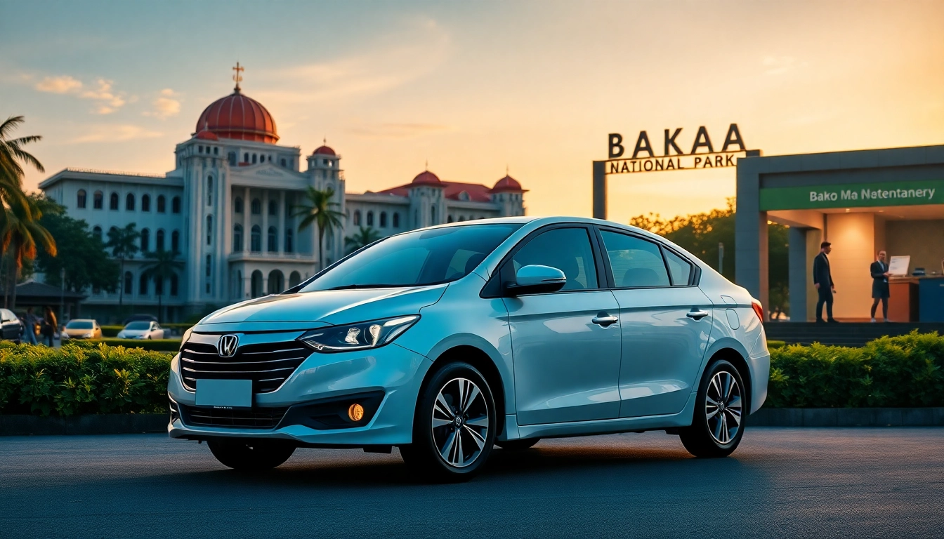 Kuching car hire with a clean rental car by iconic landmarks, showcasing friendly service.