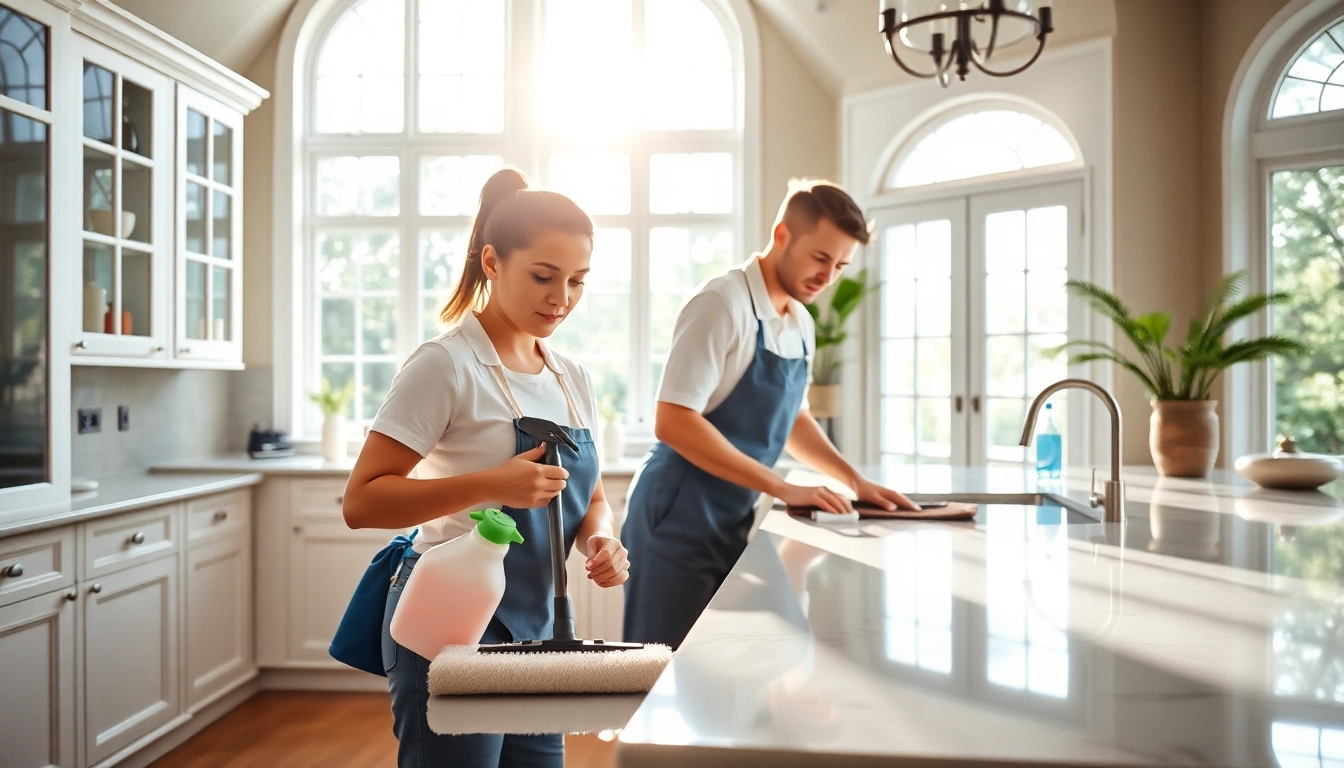 Cleaning service professionals meticulously cleaning a modern kitchen with eco-friendly products.