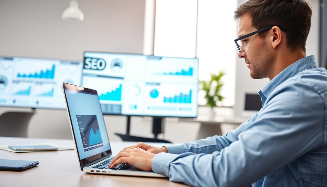 SEO specialist working on data analysis in a modern office environment.