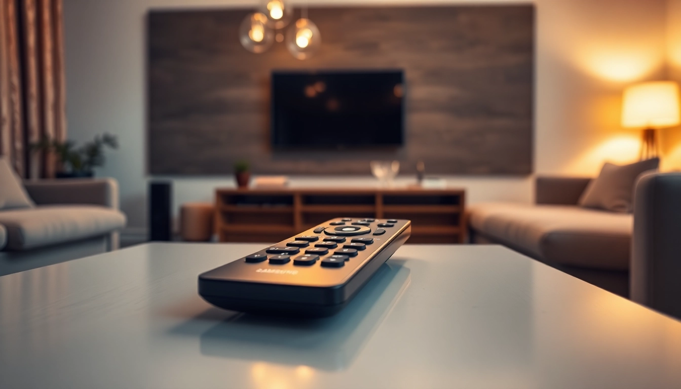 Die Samsung BN59-01386A remote auf einem stilvollen Tisch, perfekt in einer modernen Wohnzimmerumgebung platziert.
