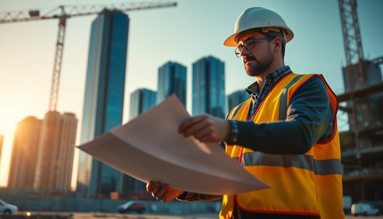 Real Estate Developer strategizing at a construction site amid urban growth.