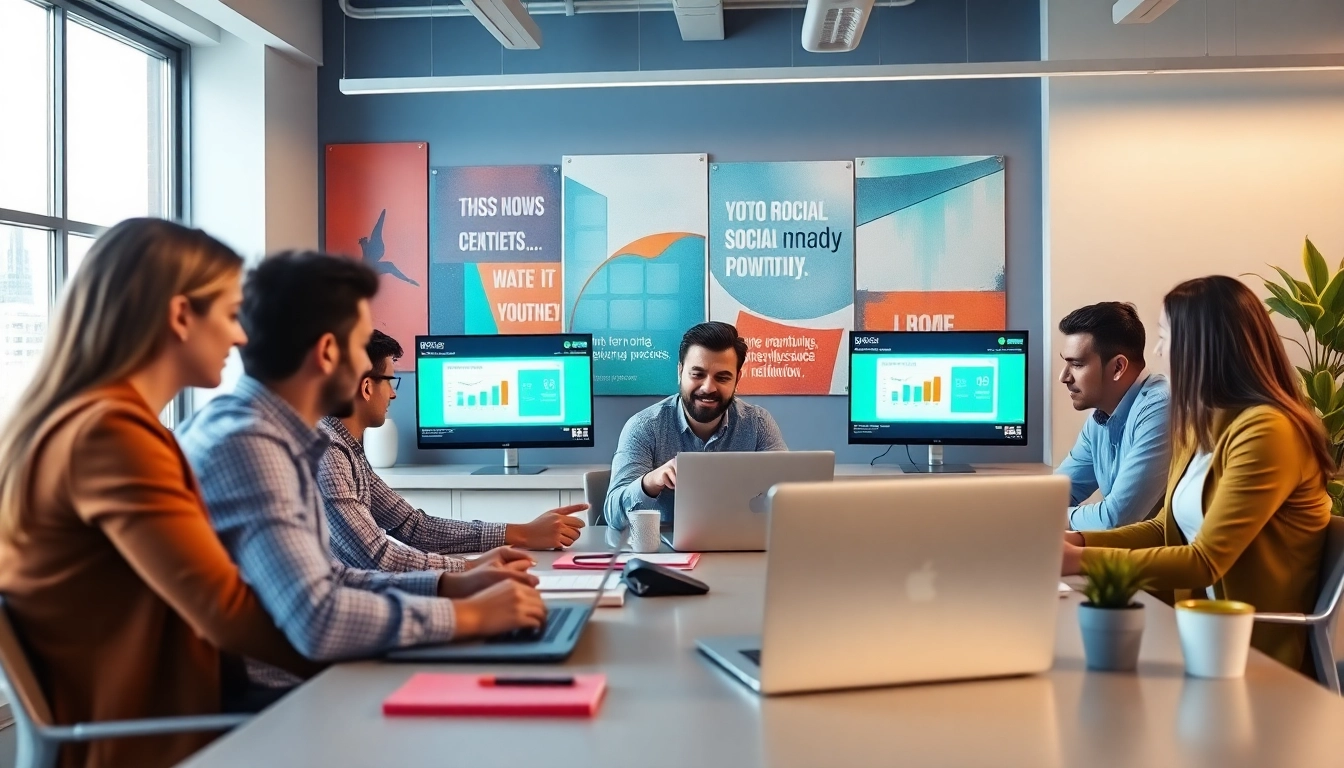 Engaged team handling social media marketing edmonton strategies in a vibrant office.