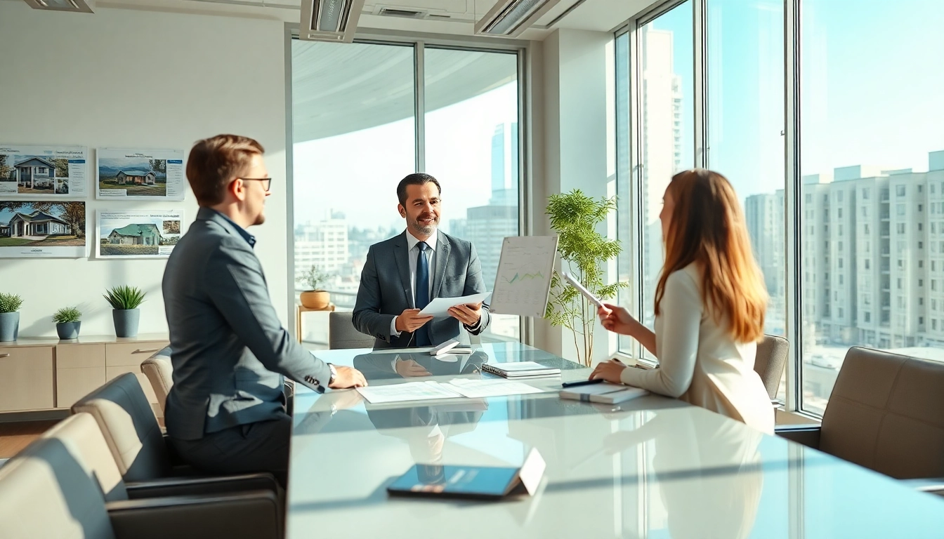 Real Estate agent consulting with clients in a modern office setting filled with property listings.